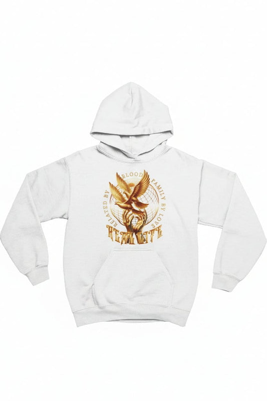 White hoodie with gold eagle design on a white background
