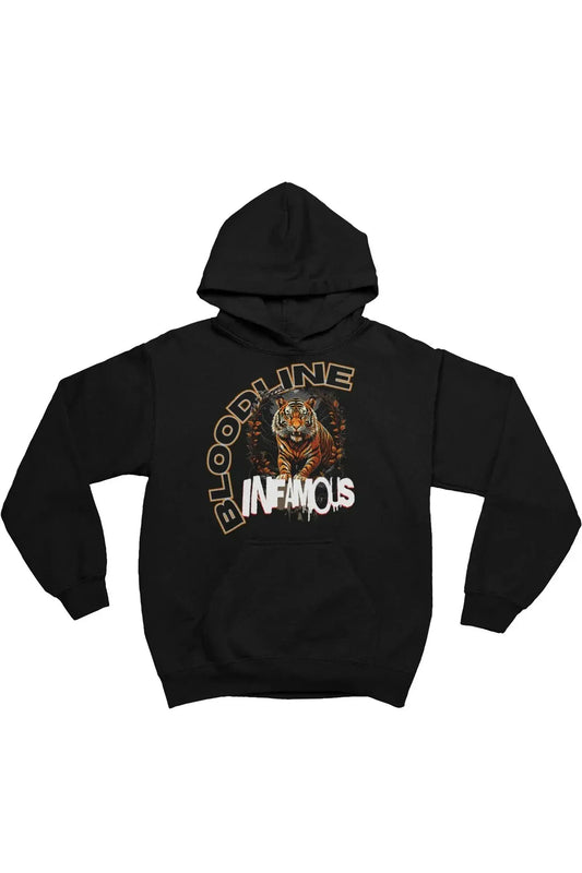 A black pullover hoodie with a graphic on the chest featuring a tiger and the words 'BLOODLINE INFAMOUS' in stylized lettering, shown against a plain white background.