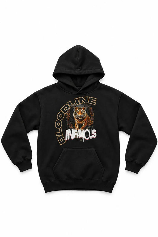 A black pullover hoodie with a graphic on the chest featuring a tiger and the words 'BLOODLINE INFAMOUS' in stylized lettering, shown against a plain white background.