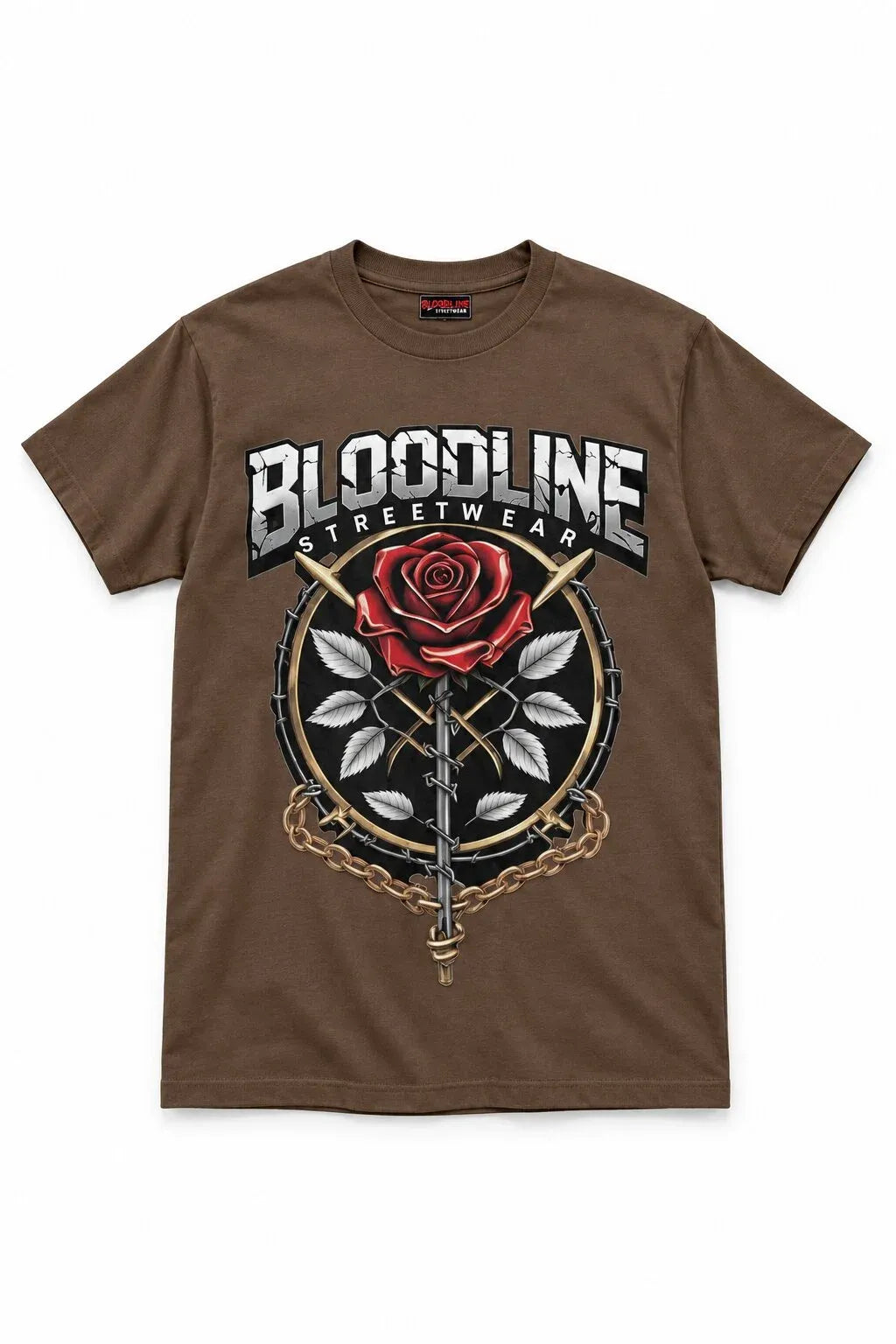 Brown t-shirt with 'Bloodline Streetwear' design featuring a rose and dagger on a white background