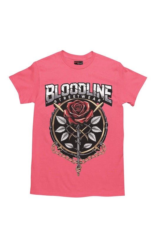 Heather red t-shirt with a rose design and 'Bloodline Streetwear' text on a white background