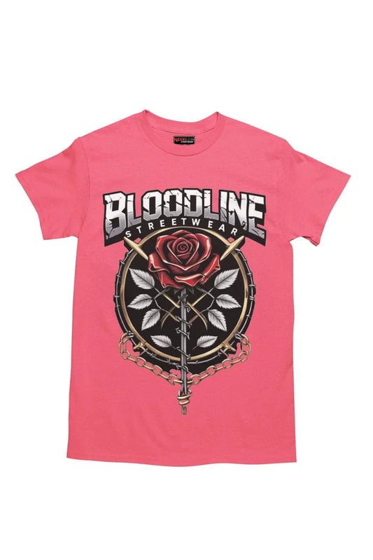 Pink t-shirt with 'Bloodline Streetwear' design featuring a rose and crossed swords on a white background.