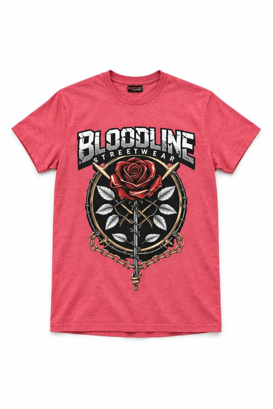 Pink t-shirt with 'Bloodline Streetwear' design featuring a rose and crossed swords on a white background.