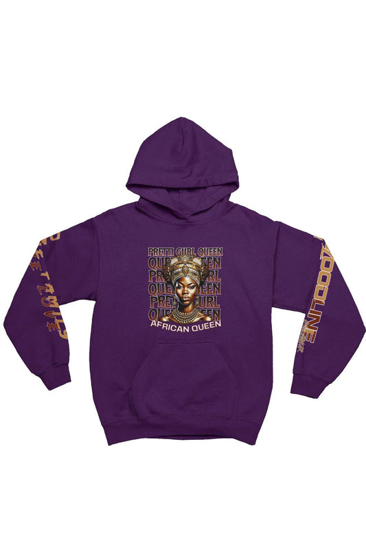 Purple hoodie with 'African Queen' design on a white background