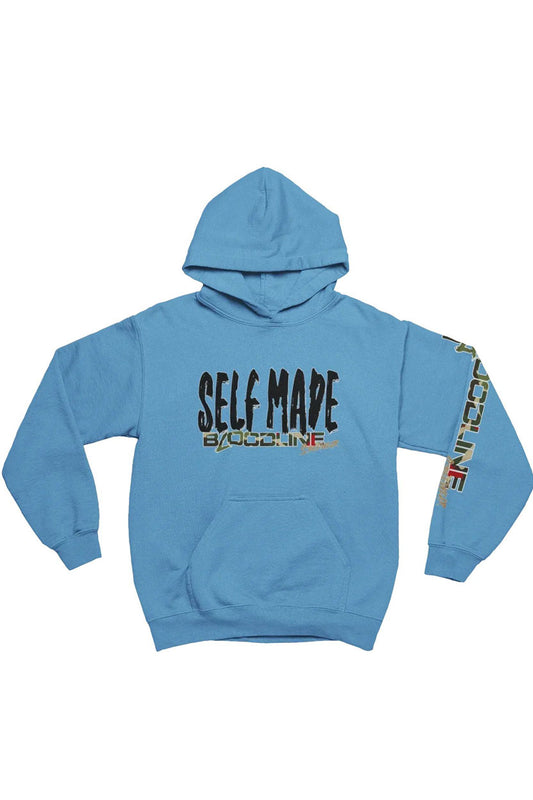 Blue hoodie with 'Self Made' text and brand logo on a white background