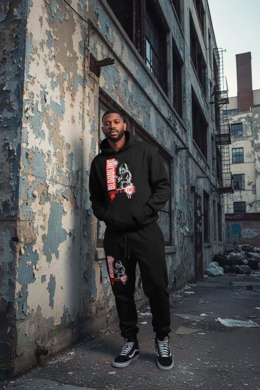Man wearing a black hoodie with a graphic design, standing against a worn-out building.