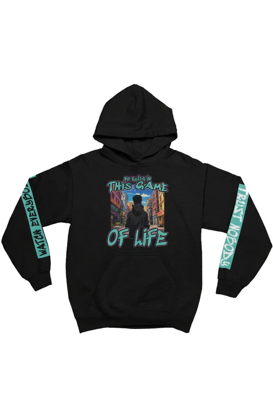 Black hoodie with graphic design and text on a white background