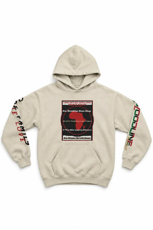 A beige pullover hoodie with a large graphic print on the front and text graphics on both sleeves, displayed against a plain white background.
