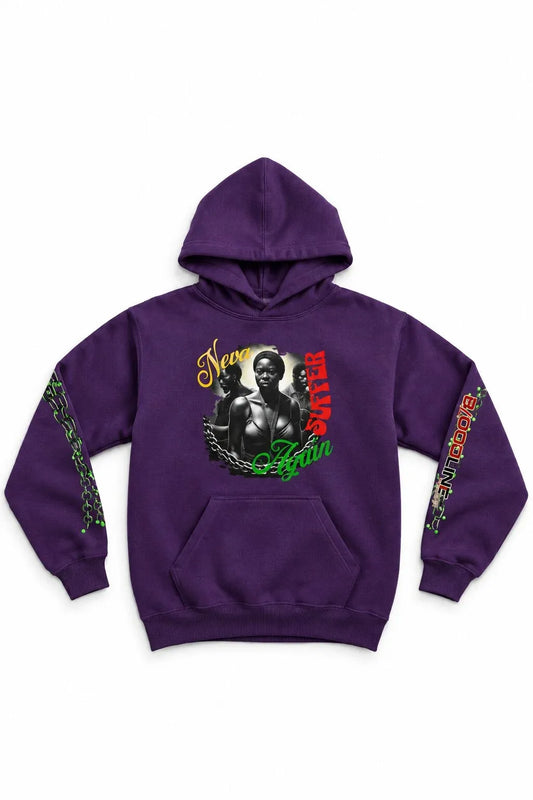 Purple hoodie with graphic design on a white background