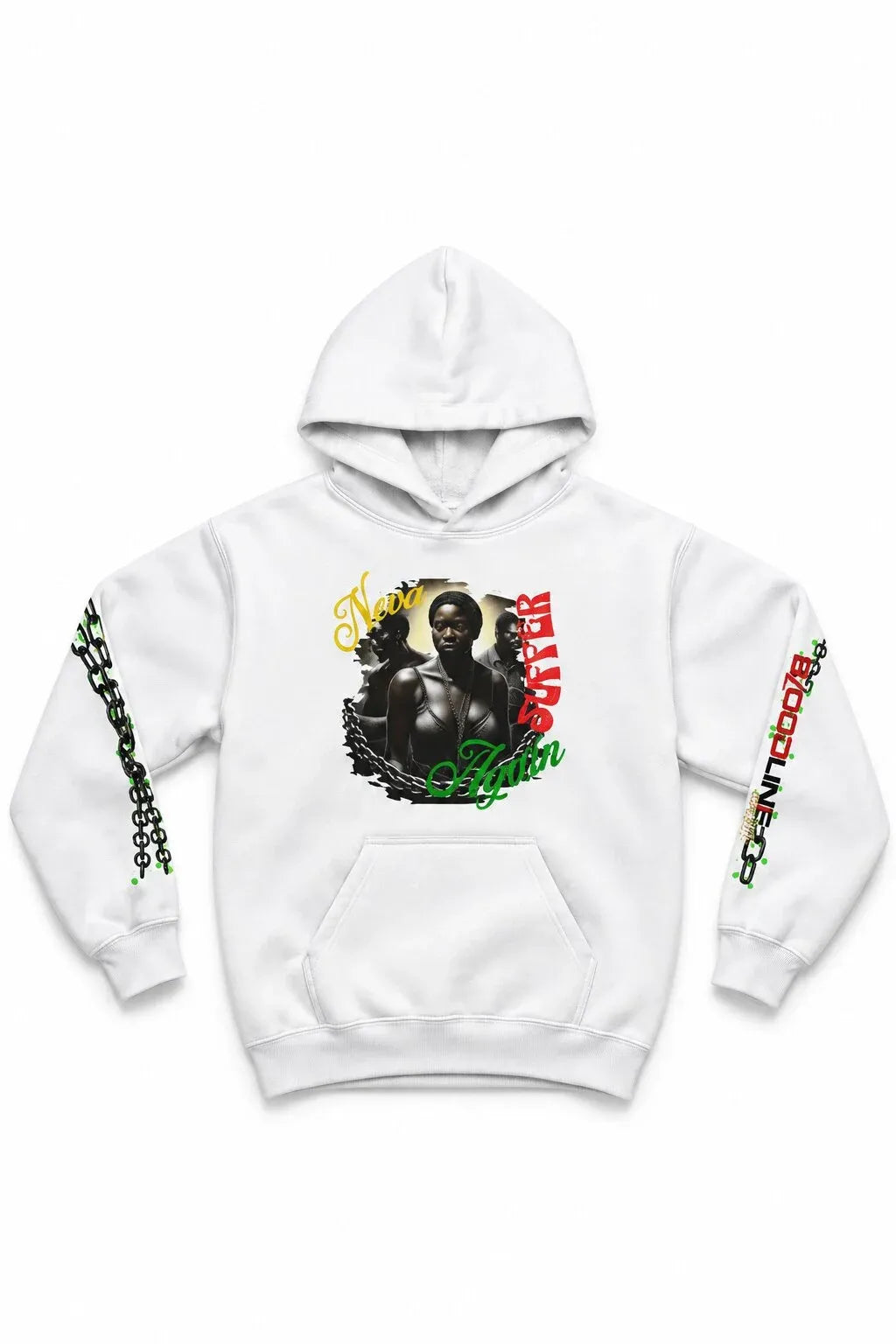 A white pullover hoodie surrounded by yellow and green text, with green and red chain-link patterns down both sleeves.
