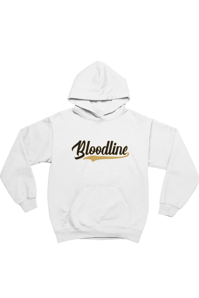 White hoodie with 'Bloodline' text on a white background