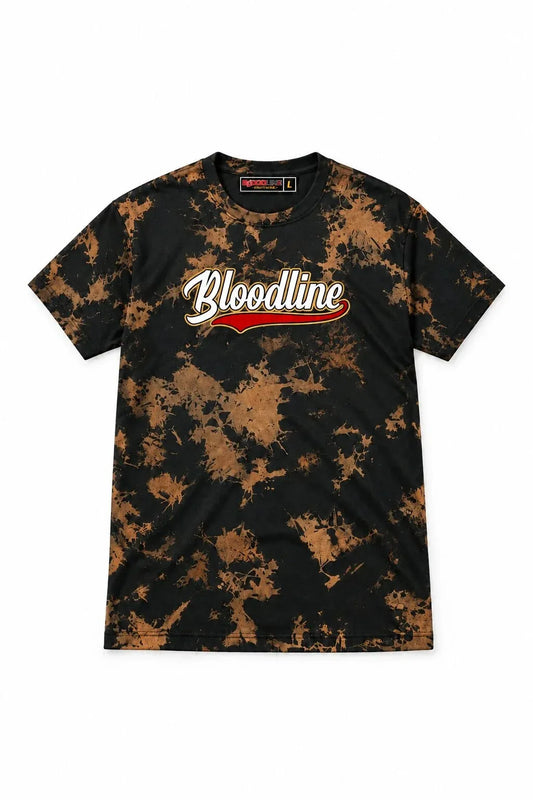 A short-sleeve crewneck t-shirt featuring a black and brown tie-dye pattern, with 'Bloodline' printed across the chest in white script with a red underline.