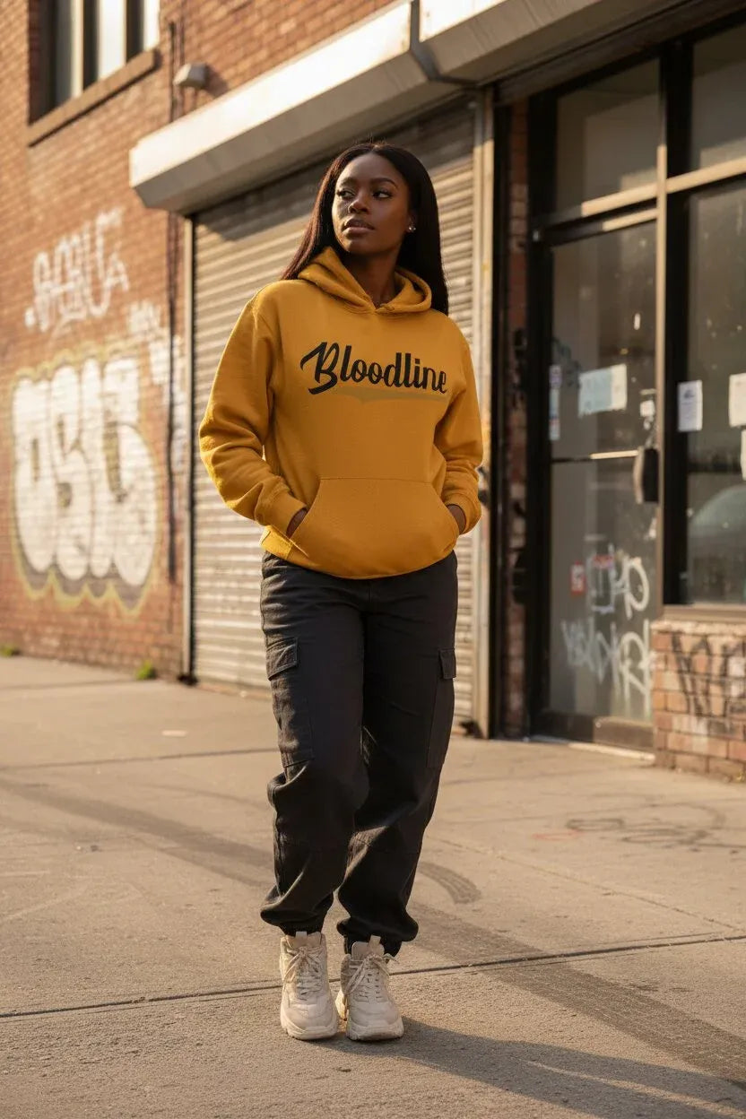 A woman stands on a city sidewalk wearing a mustard yellow hoodie with 'Bloodline' printed in black script across the chest, paired with dark cargo pants and white sneakers.