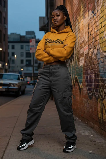 A woman stands on a city sidewalk with her arms crossed, wearing a mustard yellow hoodie with 'Bloodline' printed in black script across the chest, paired with dark gray cargo pants and black-and-white sneakers. She is posed in front of a brick wall covered in graffiti, with a street scene and parked cars in the background.