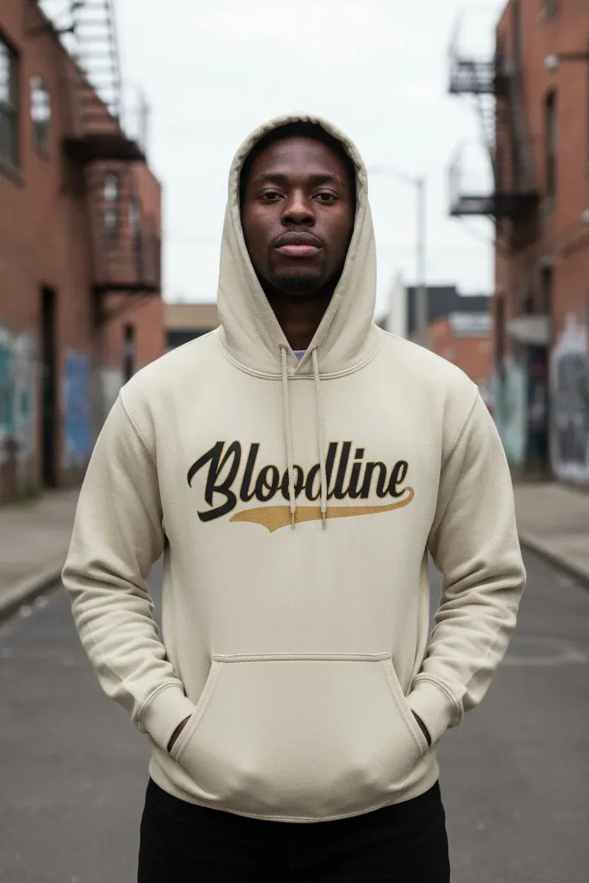 Black male model wearing Bloodline Streetwear Vanilla Drip Signature Hoodie in sand
