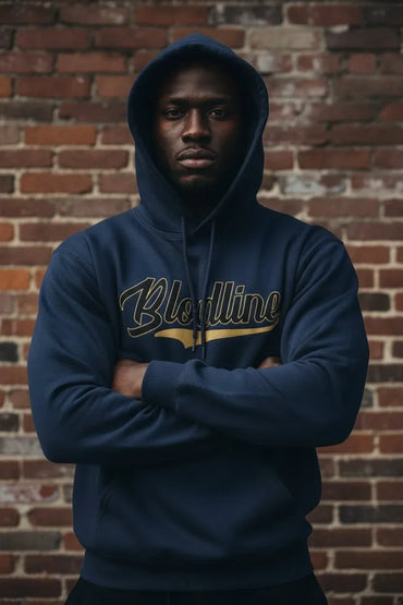 A man wearing a navy blue hoodie with 'Bloodline' printed in gold across the chest, standing with arms crossed in front of a brick wall.