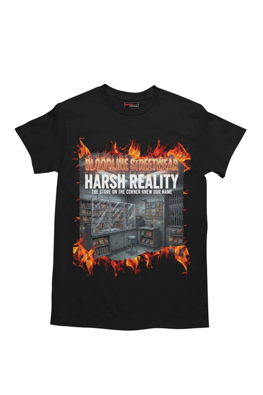 Black t-shirt with graphic design and text on a white background
