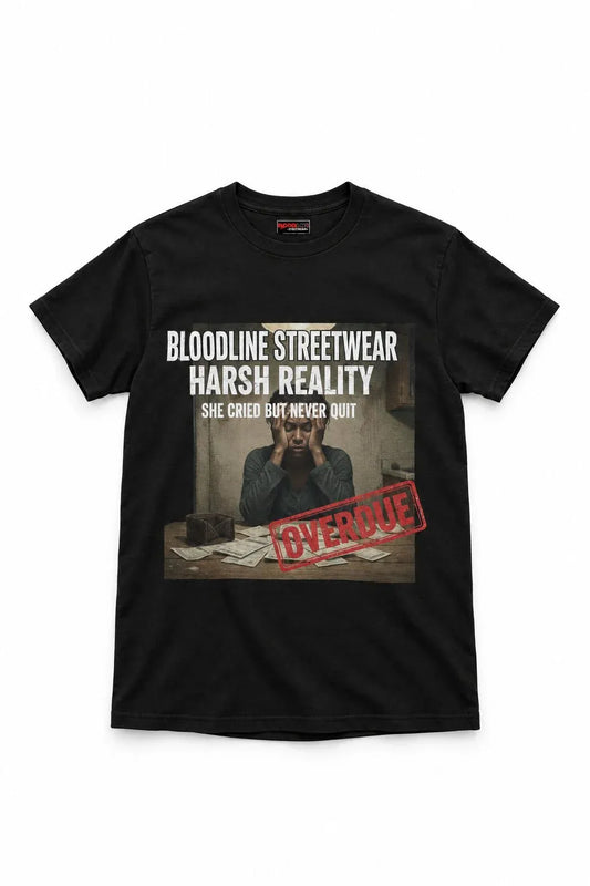 Black t-shirt with graphic design and text on a white background