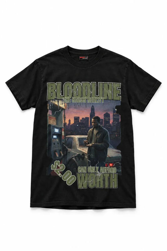 Black t-shirt with 'Bloodline' graphic design featuring a cityscape and text.