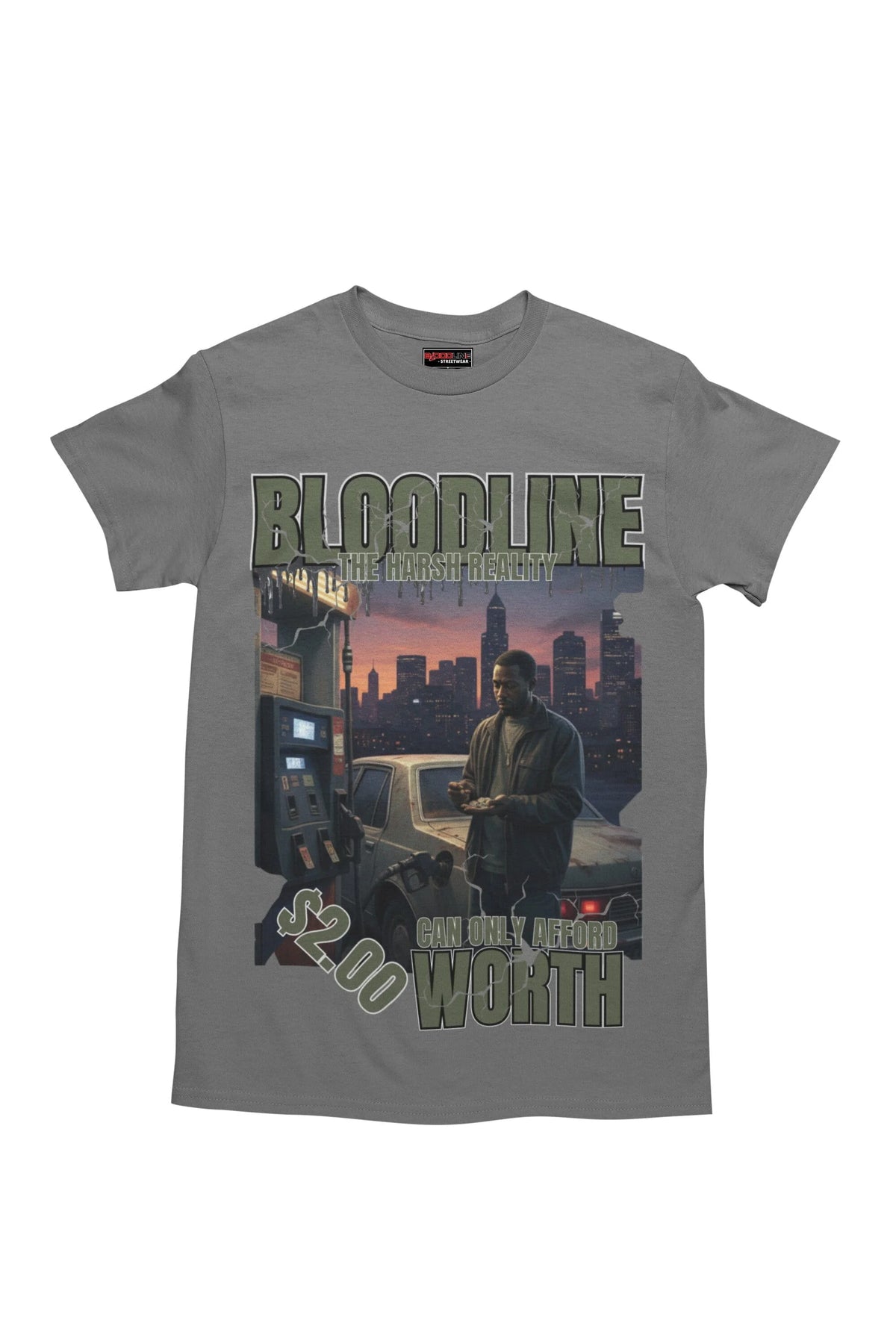 Gray t-shirt with a graphic design featuring a cityscape and text on a white background