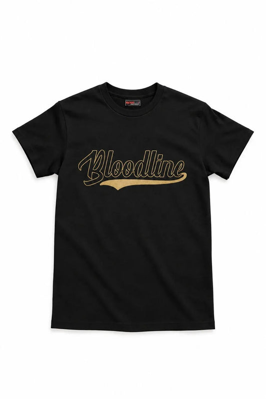 Black t-shirt with 'Bloodline' printed in gold on a white background
