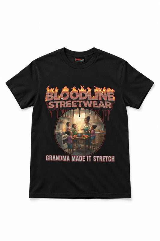 Black t-shirt with 'Bloodline Streetwear' graphic and text on a white background
