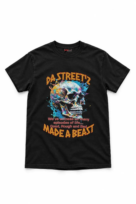 A black short-sleeve graphic t-shirt featuring a colorful skull design with the text 'DA STREETZ MADE A BEAST' in orange, displayed on a clean white background.