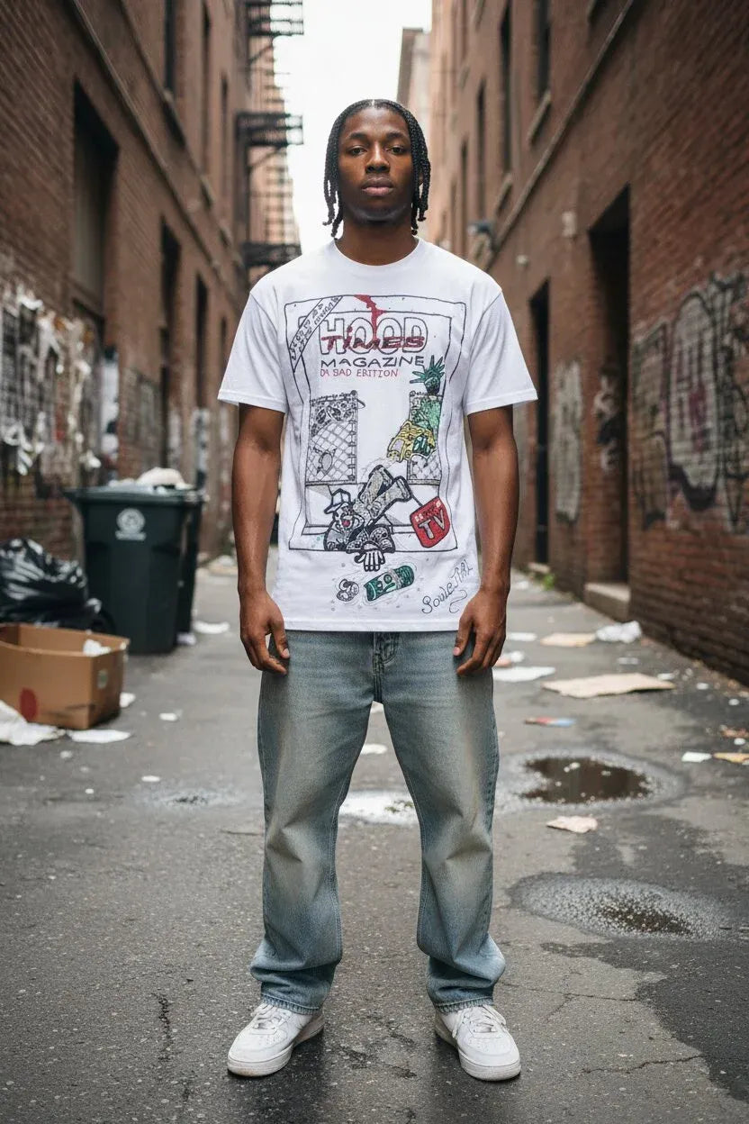 A man standing in an urban alleyway wearing a white graphic t-shirt with a colorful 'Tired' graffiti design, paired with light-wash blue jeans and white sneakers.