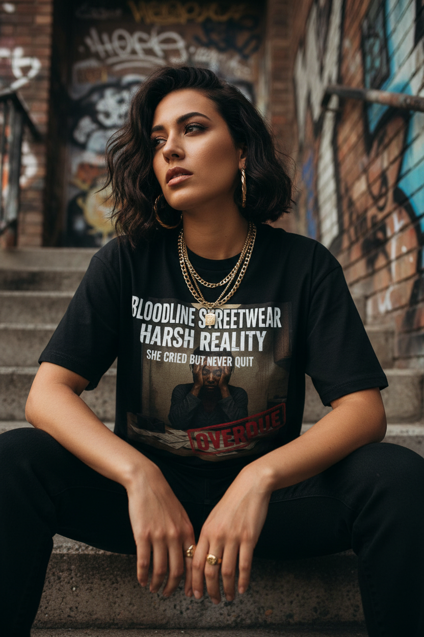 Female model sitting on city steps wearing She Cried But Never Quit black tee — Harsh Reality Collection by Bloodline Streetwear