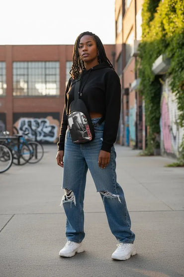 A woman stands on an urban sidewalk wearing a black cropped hoodie, distressed blue jeans, white sneakers, and a small black crossbody bag with a graphic print.