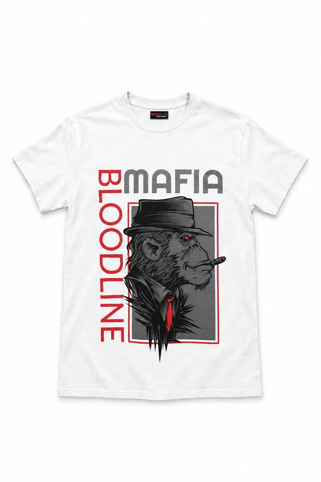 A white short-sleeve crewneck t-shirt featuring a graphic print of a gorilla in a black fedora and red tie, with the text 'BLOODLINE MAFIA' in red and gray.