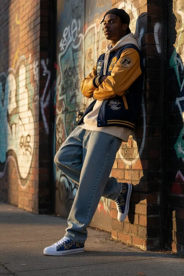 A man leans against a graffiti-covered brick wall wearing a yellow and navy varsity jacket, a cream hoodie, light blue jeans, and blue and white sneakers.