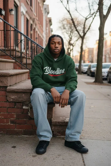 A man sitting on the steps of a brick brownstone wearing a dark green hoodie with 'Bloodline' written in white script across the chest, paired with light blue jeans and black sneakers.