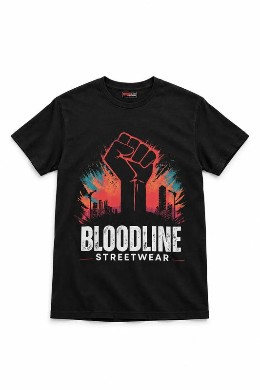 A black short-sleeve crewneck t-shirt featuring a graphic print of a raised fist in front of a city skyline with a red, orange, and blue gradient, and the text 'BLOODLINE STREETWEAR' printed below in white.
