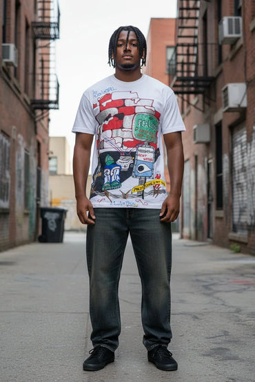 A man standing in an urban alleyway wearing a white graphic t-shirt with a colorful graffiti-style print, paired with dark gray jeans and black sneakers.