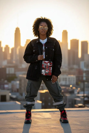 A person stands on a rooftop at sunset with a city skyline in the background, wearing a black jacket, gray cargo pants, red and black sneakers, and a small red-and-white patterned crossbody bag.