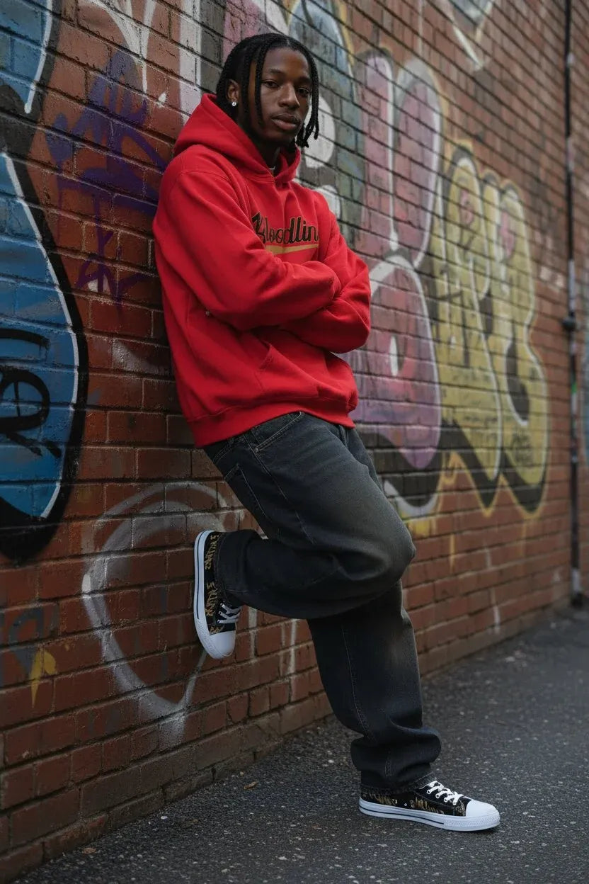 A man wearing a bright red hoodie with black text on the chest, dark gray jeans, and black low-top sneakers with white soles, leaning against a graffiti-covered brick wall.
