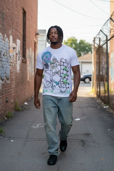A man walking down an outdoor alleyway wearing a white graphic t-shirt with a colorful graffiti-style print, paired with light gray jeans and black shoes.