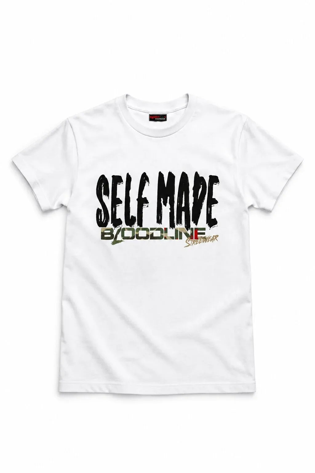 A white short-sleeve crewneck t-shirt featuring a graphic print on the front that reads 'SELF MADE' in distressed black letters, with 'BY:BOODLINE' in green and red below it.