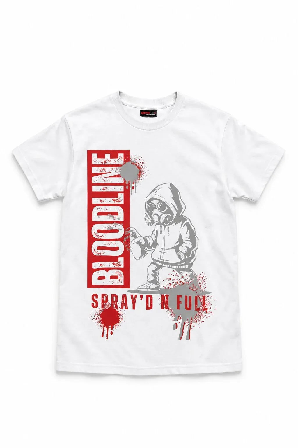 A white short-sleeve crewneck t-shirt featuring a graphic print of a hooded figure in a gas mask, with the word 'BLOODLINE' in a red vertical block and 'SPRAY'D 'N FUCC' in red text below, accented with red and gray paint splatters.