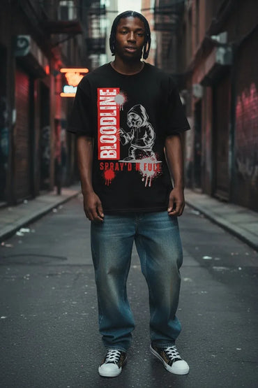 A man standing in a dark urban alley wearing a black graphic T-shirt with red and white text and artwork, blue jeans, and black-and-white sneakers.