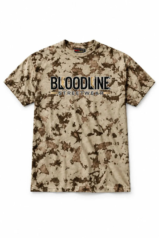 A short-sleeve crewneck t-shirt featuring a brown and beige digital camouflage pattern, with 'BLOODLINE STREETWEAR' printed in black across the chest, displayed on a clean white background.