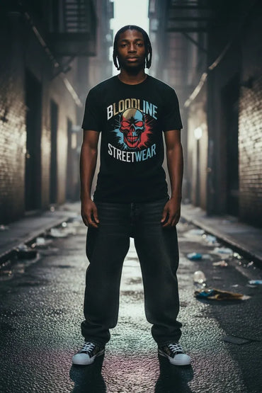 A man stands in a dark urban alley wearing a black graphic T-shirt with a red, blue, and white skull design and the words 'BLOODLINE STREETWEAR'.