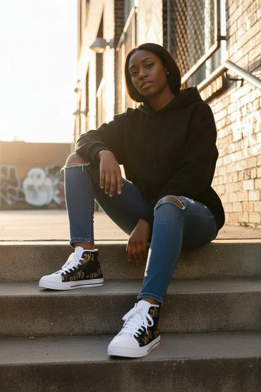 A woman sits on concrete steps outdoors against a brick wall, wearing a black hoodie, ripped blue jeans, and black high-top sneakers with white soles and laces.