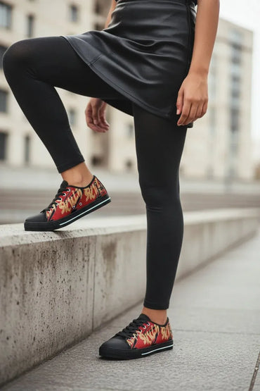 A person wearing black leggings and a black top stands on a concrete ledge outdoors, wearing low-top sneakers with a red, orange, and yellow flame pattern on the sides and black soles.
