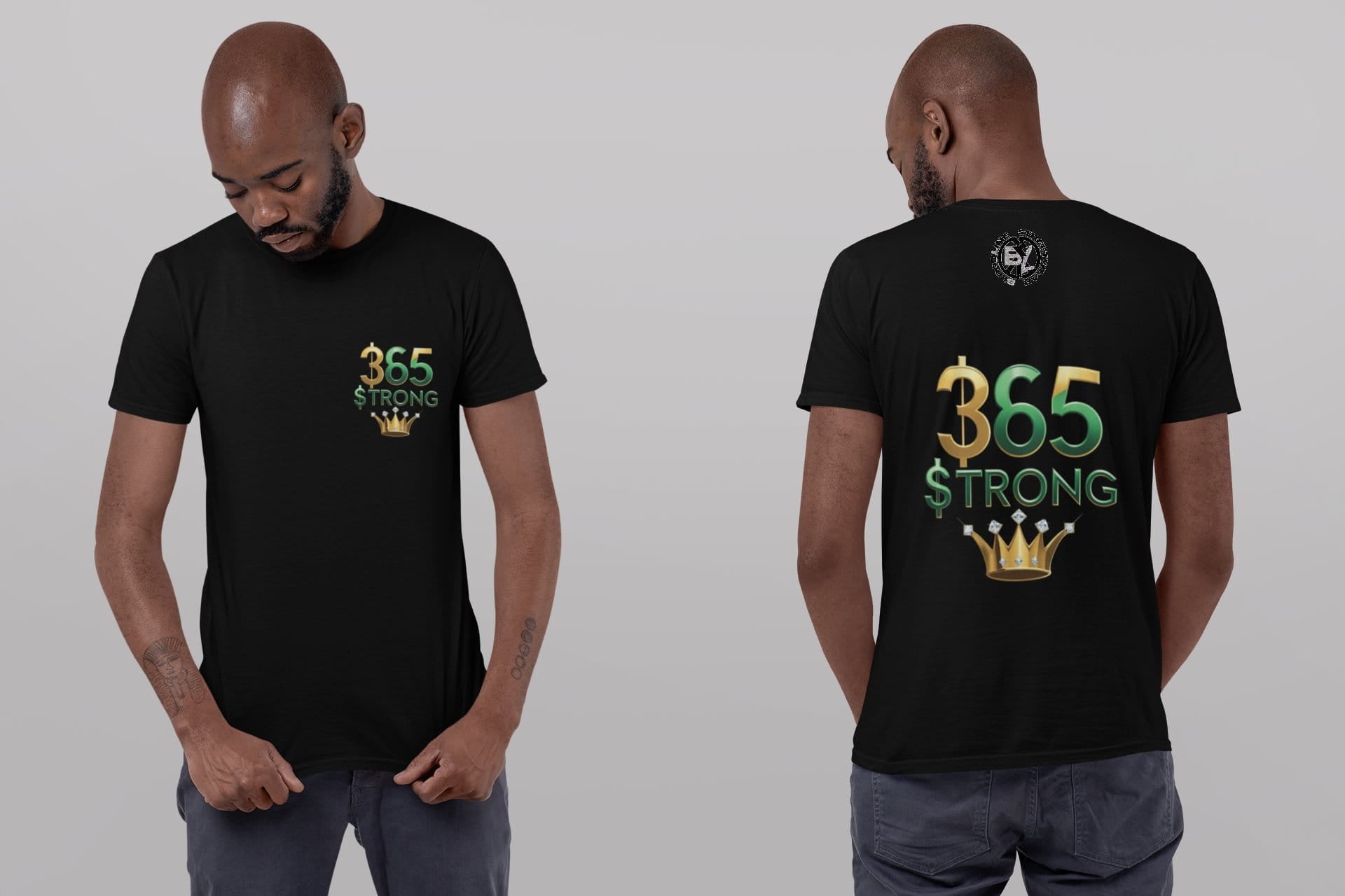 Person wearing a black t-shirt with '365 Strong' text and logo on a plain background