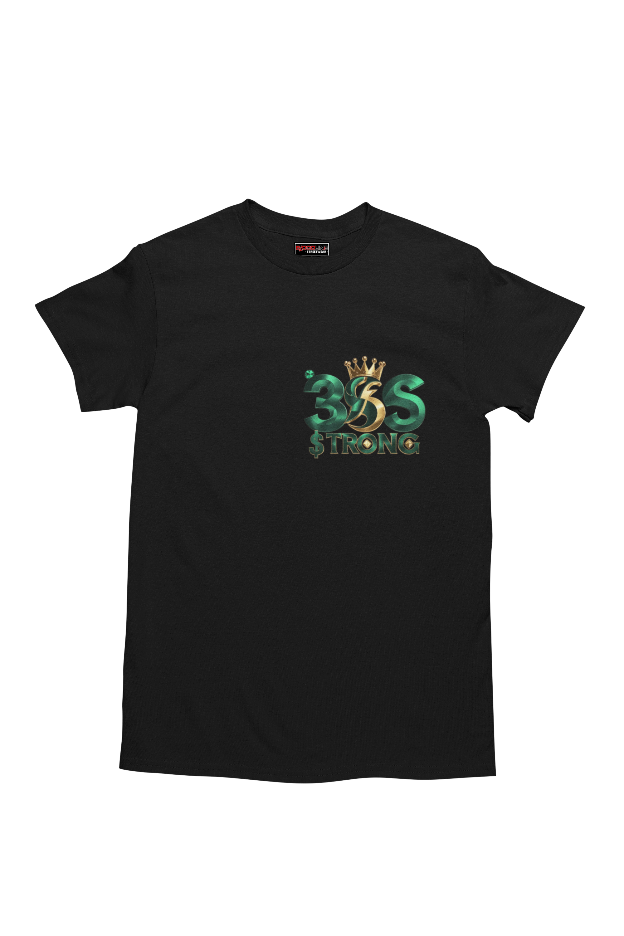 Black t-shirt with a logo and text on a white background