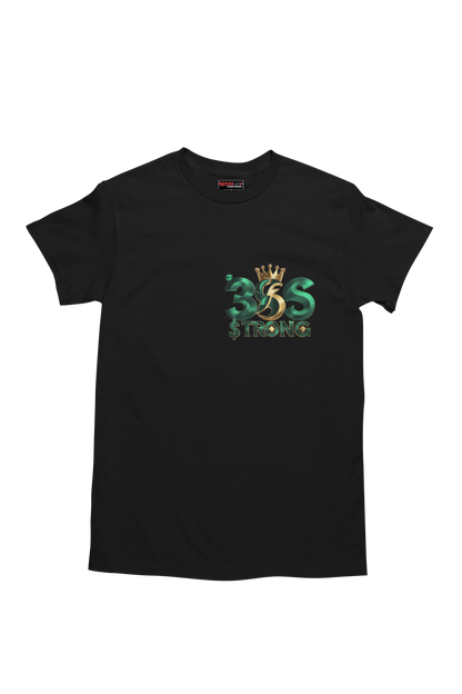 Black t-shirt with a logo and text on a white background