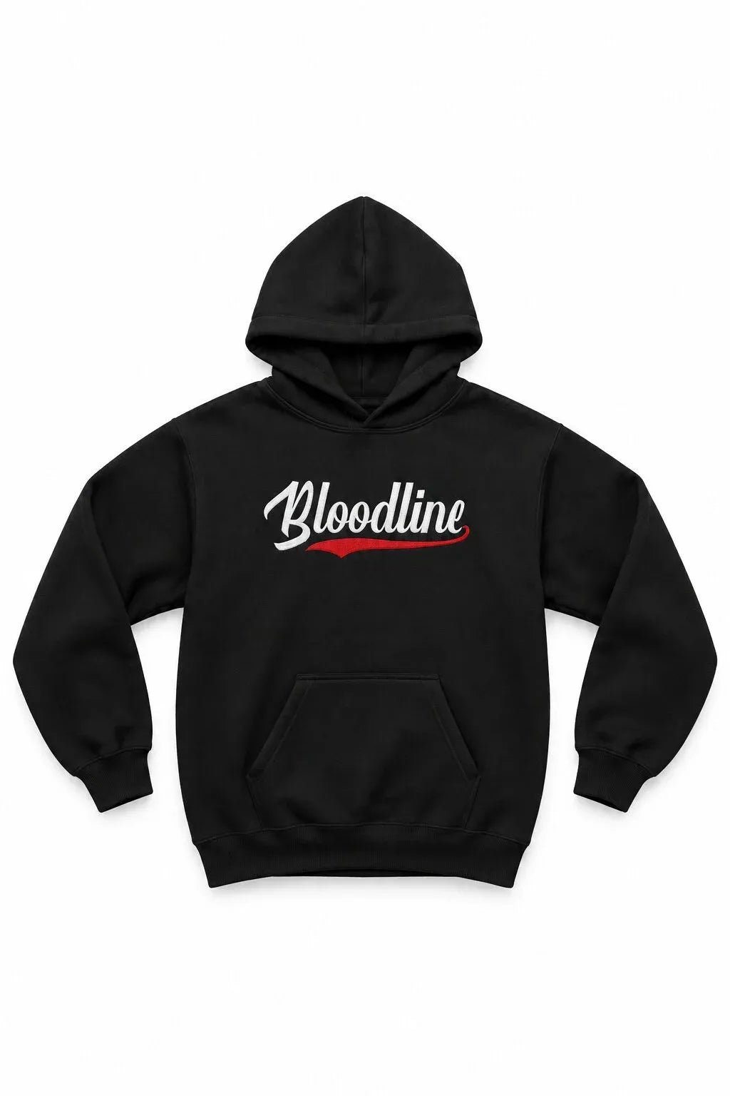 A black pullover hoodie with 'Bloodline' printed across the chest in white script with a red underline accent, displayed against a solid white background.