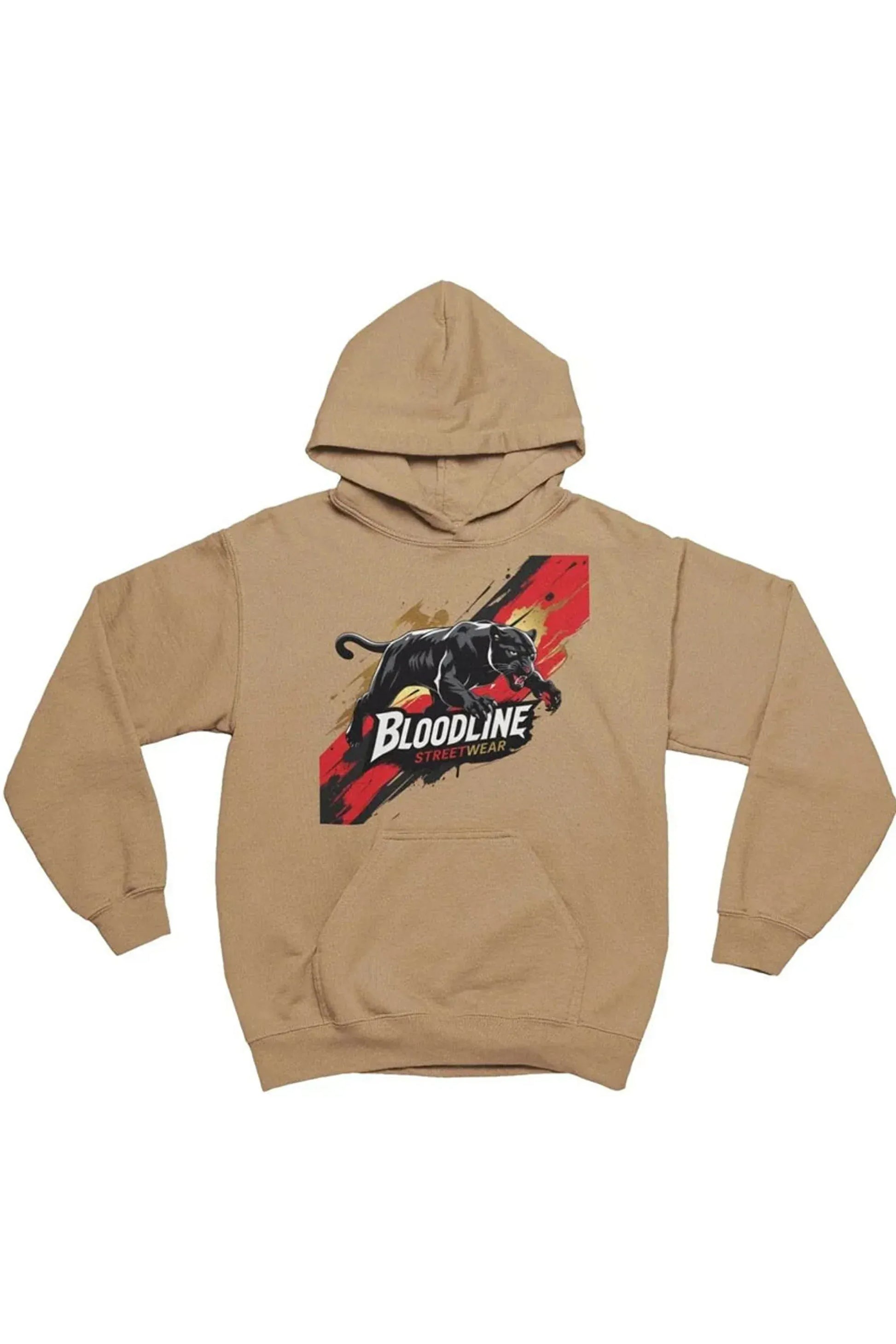 A tan pullover hoodie with a graphic on the chest featuring a black bull and the word 'BLOODLINE' over a red and black abstract background, displayed on a solid white background.